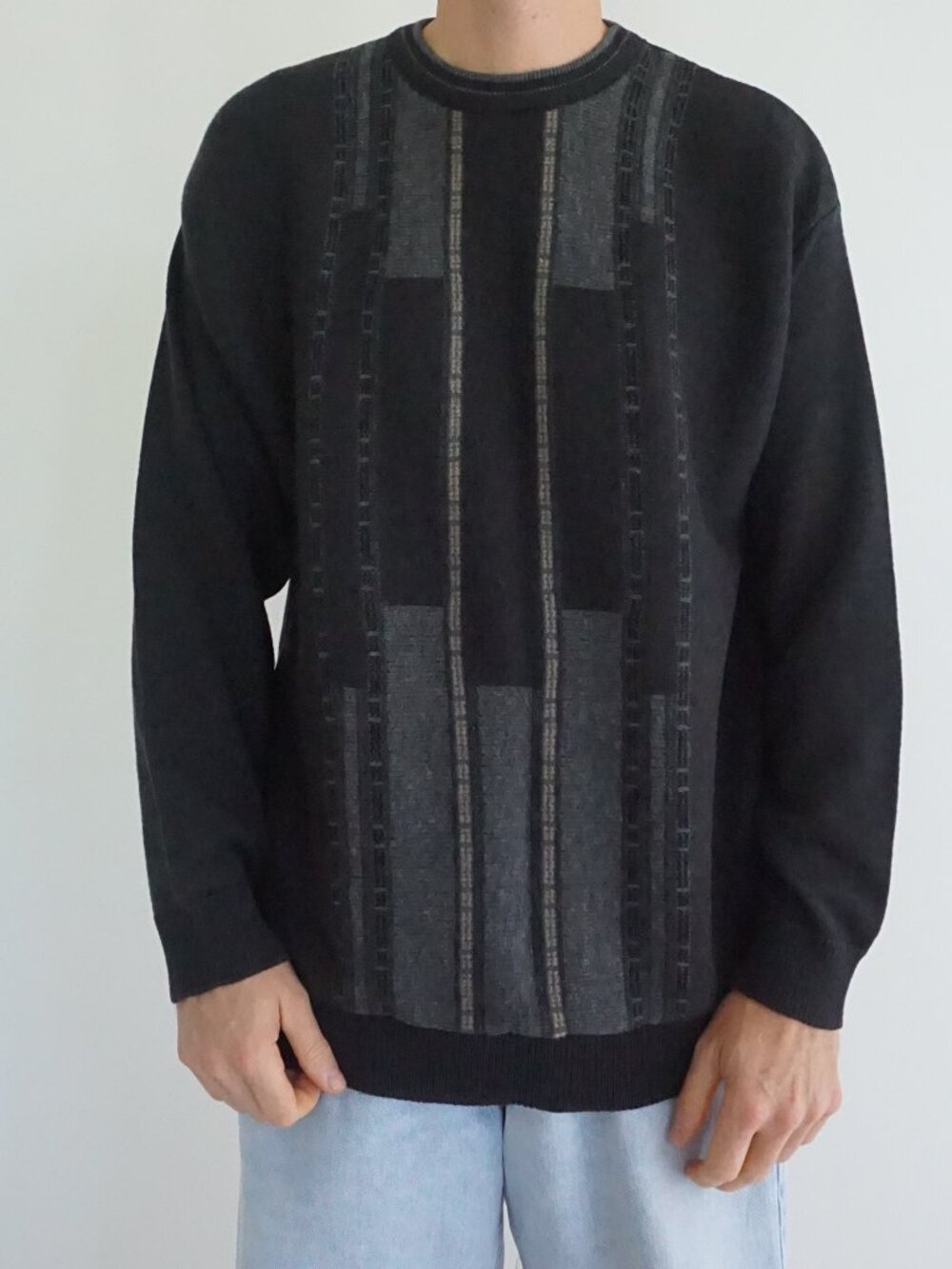 Vintage Cooper Black Grey Geometric Striped Unisex Made In Canada Knit Sweater L